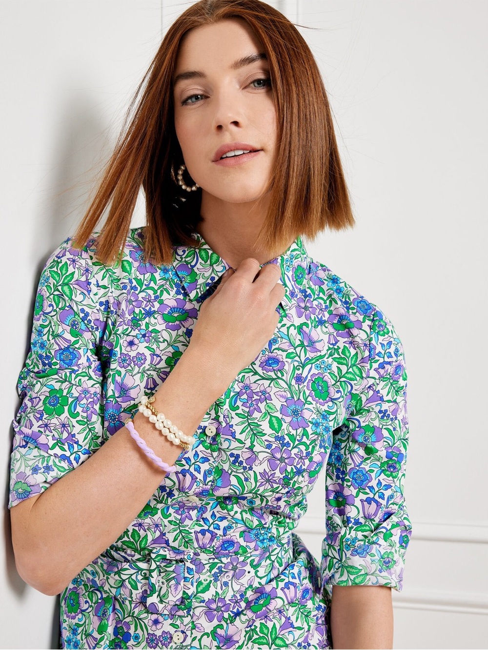 Talbots Women Fit & Flare Poplin Spring Fleur Floral Midi Shirtdress Size 10 - Picture 3 of 12